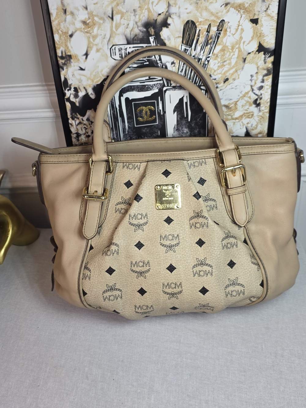 MCM Visetos Monogram Satchel Bag with Crossbody Strap & COA